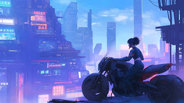 cyber city bike night desktop wallpaper cover