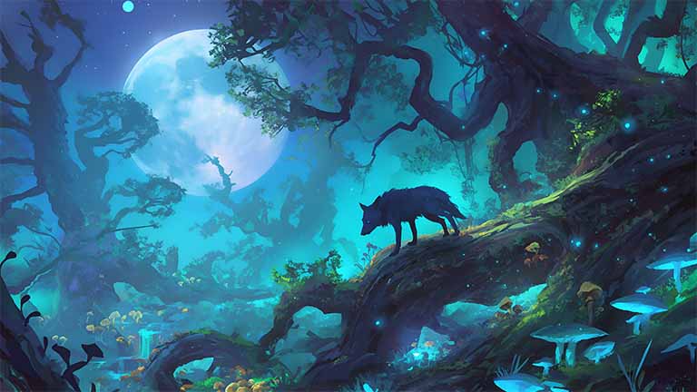 mystical moonlit forest wolf desktop wallpaper cover