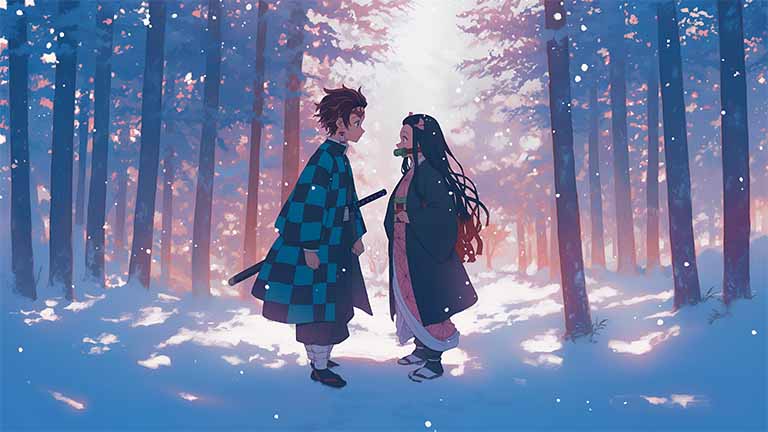 tanjiro nezuko snowy forest desktop wallpaper cover