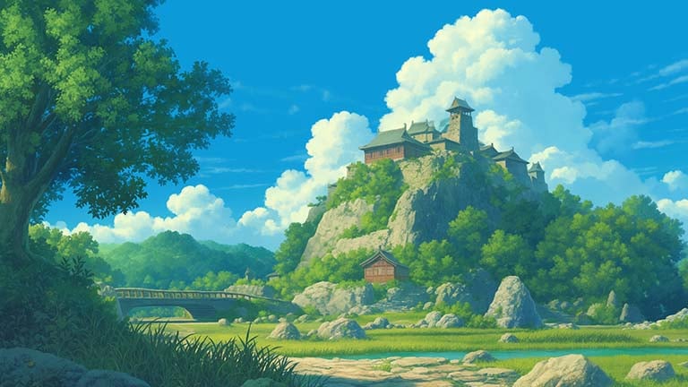 hidden castle in the mountains ghibli background desktop wallpaper cover