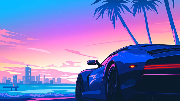 sports car sunset beach palm trees city desktop wallpaper cover