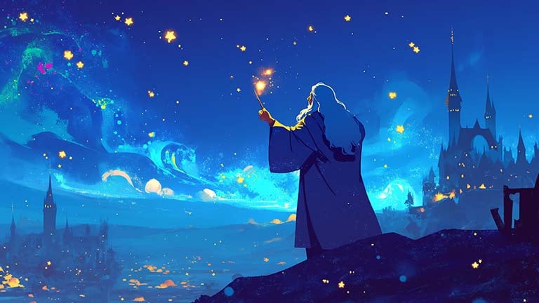 dumbledore conjuring stars over the city desktop wallpaper cover