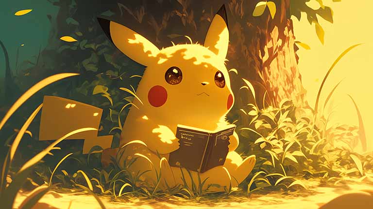 pikachu reading book in the forest desktop wallpaper cover