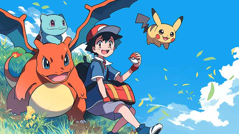 pokemon ash pikachu charmander squirtle desktop wallpaper cover