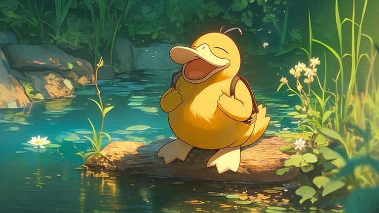 psyduck laughing by the lake desktop wallpaper cover