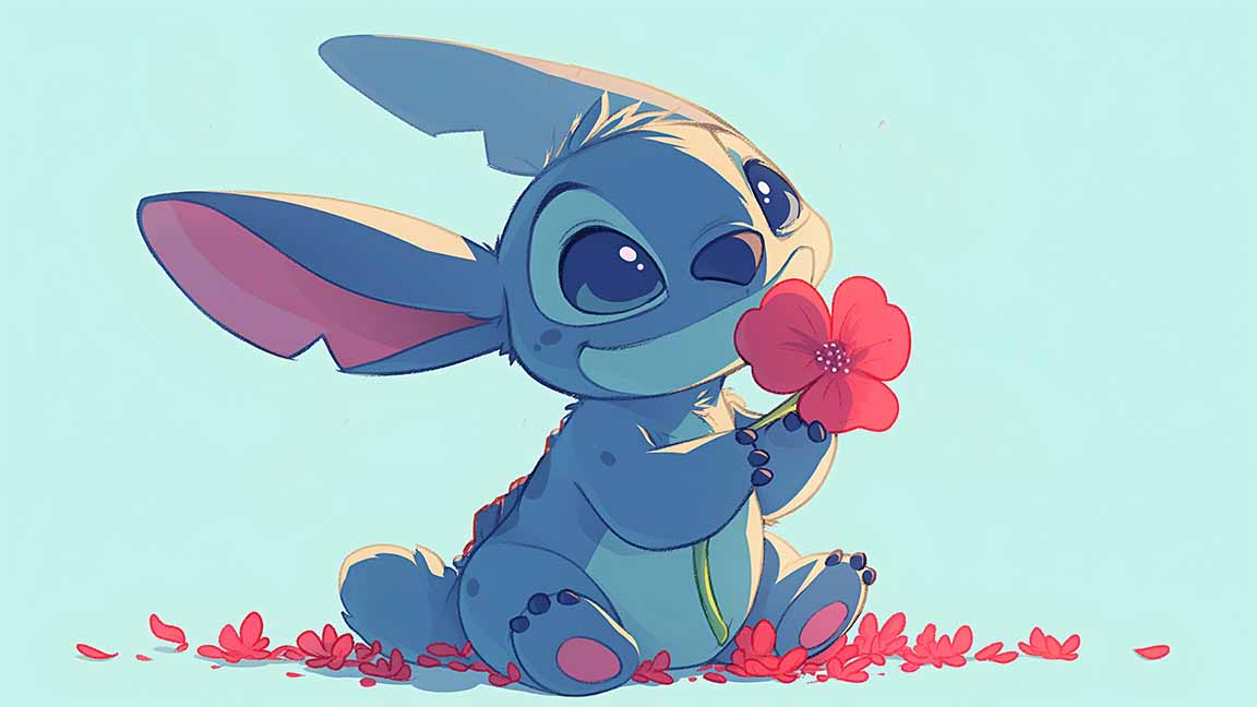 stitch holding a flower adorably desktop wallpaper cover