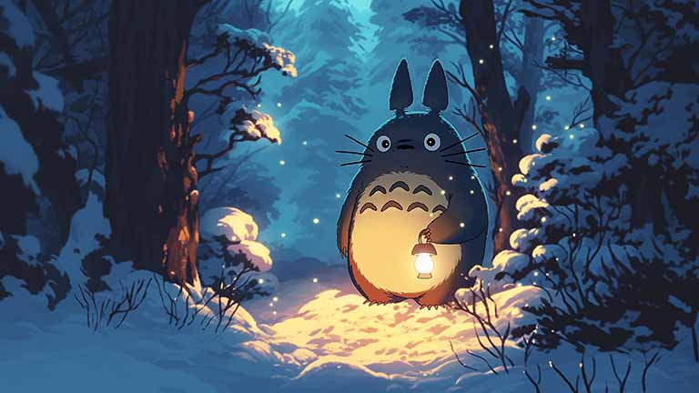 totoro holding a lantern in the snow desktop wallpaper cover