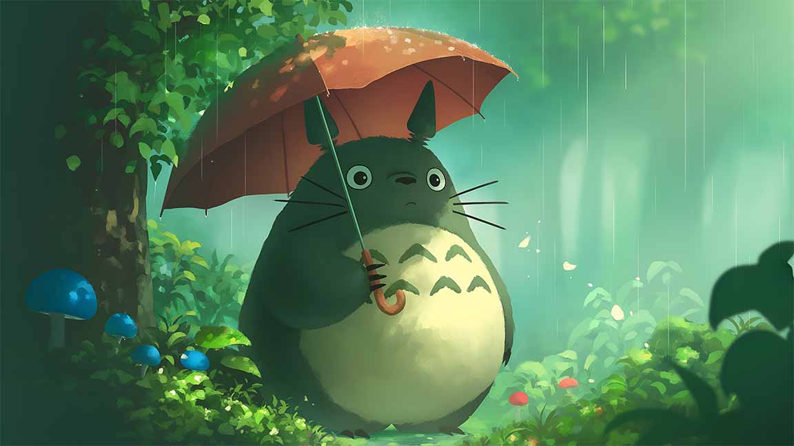 totoro umbrella rain studio ghibli desktop wallpaper cover