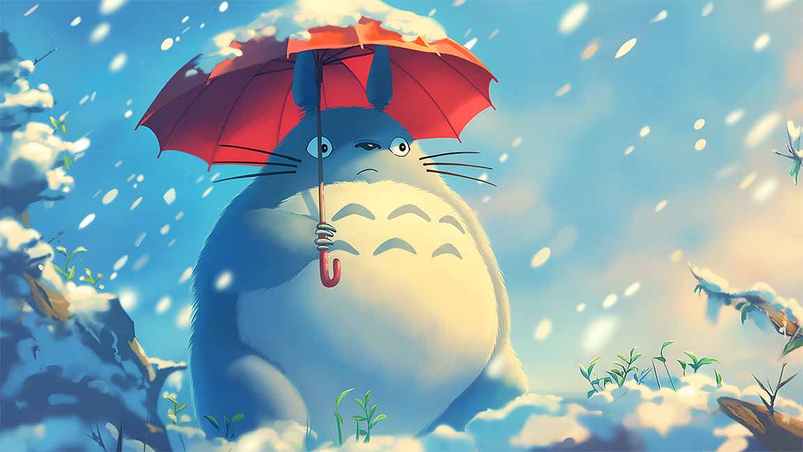 winter totoro with red umbrella desktop wallpaper cover