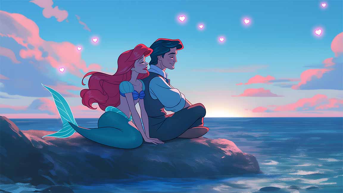 ariel and prince eric ocean sunset valentines desktop wallpaper cover