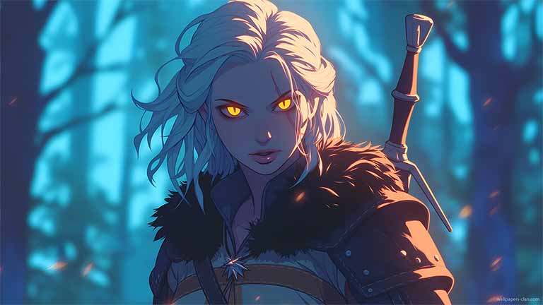 ciri glowing eyes witcher forest wallpaper cover