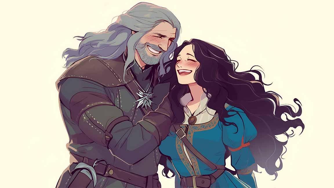 geralt and yennefer romantic moment valentines desktop wallpaper cover