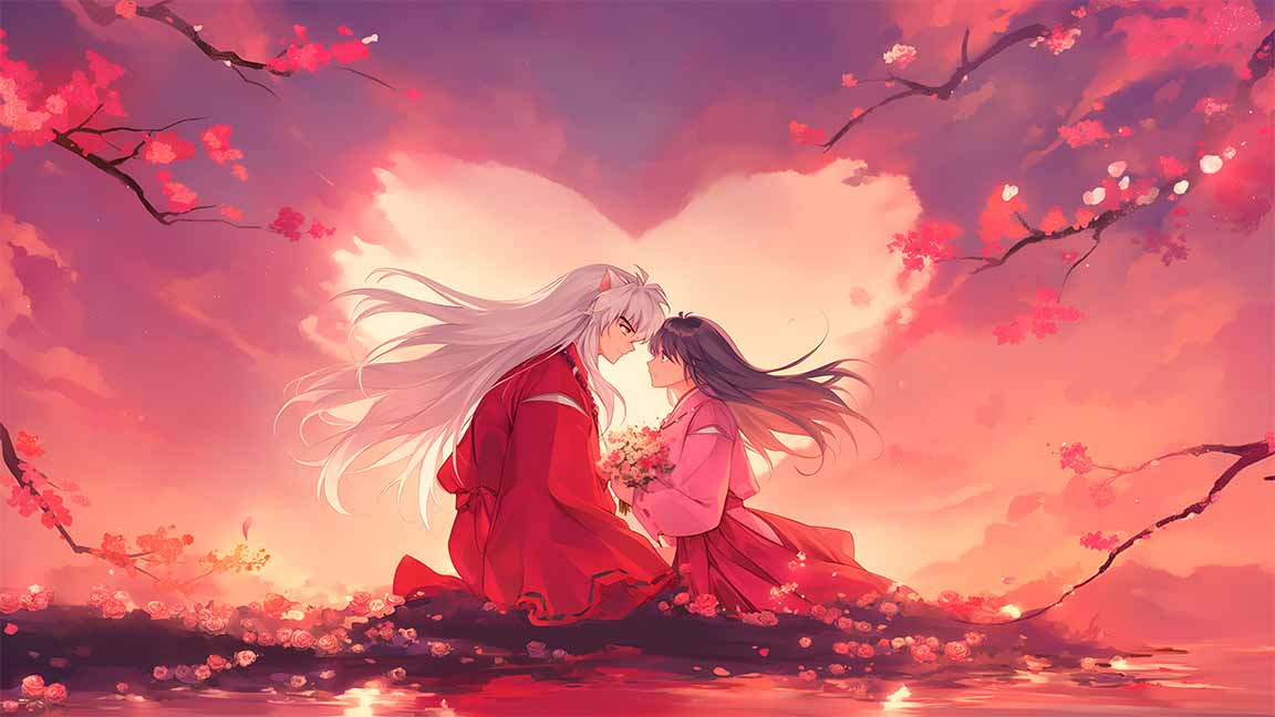 inuyasha and kagome blossoms romantic valentines desktop wallpaper cover