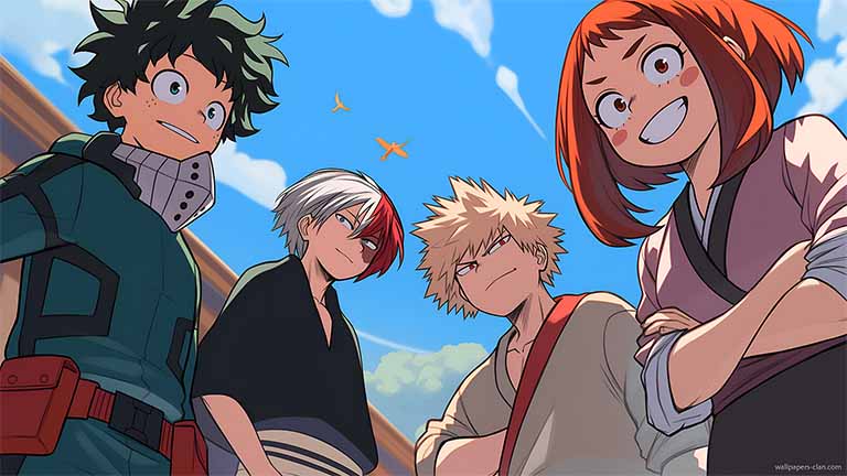 mha heroes ensemble skyline desktop wallpaper cover