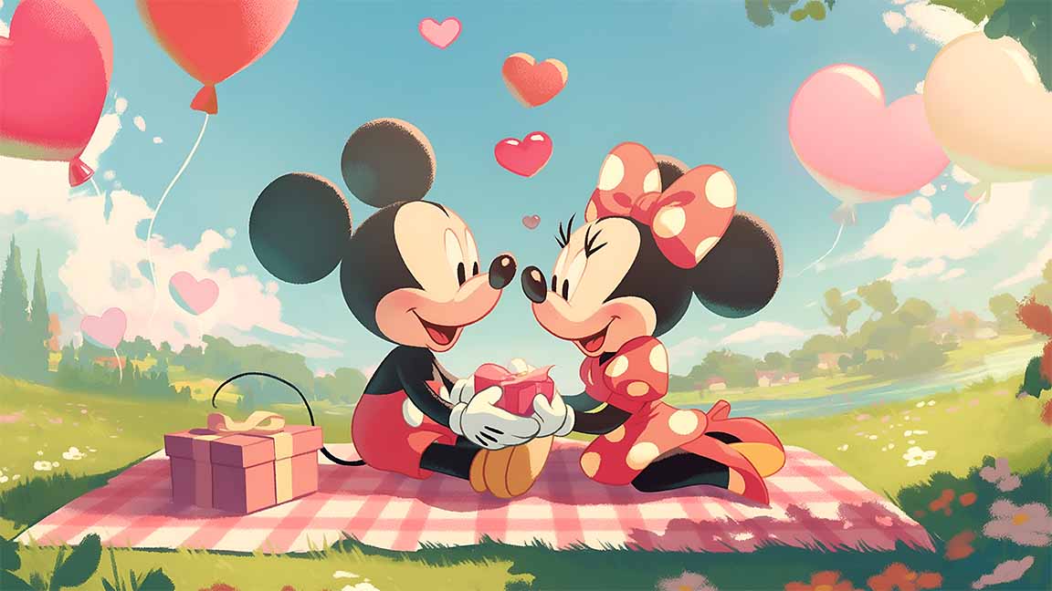 mickey and minnie romantic picnic disney valentines desktop wallpaper cover