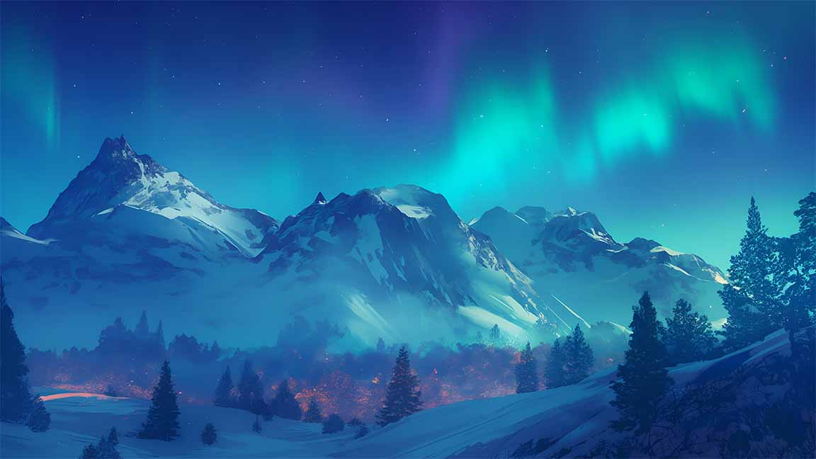 northern lights over snowy peaks desktop wallpaper cover