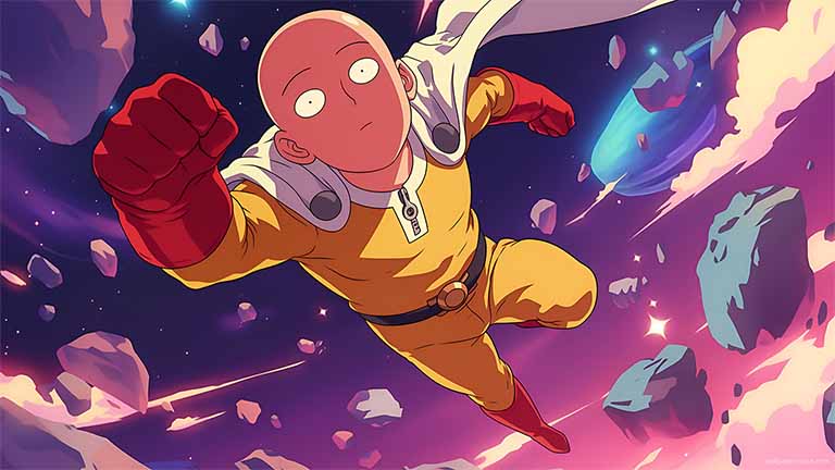 one punch man saitama galaxy flying wallpaper cover