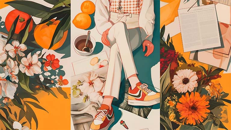 orange floral preppy aesthetic collage desktop wallpaper cover