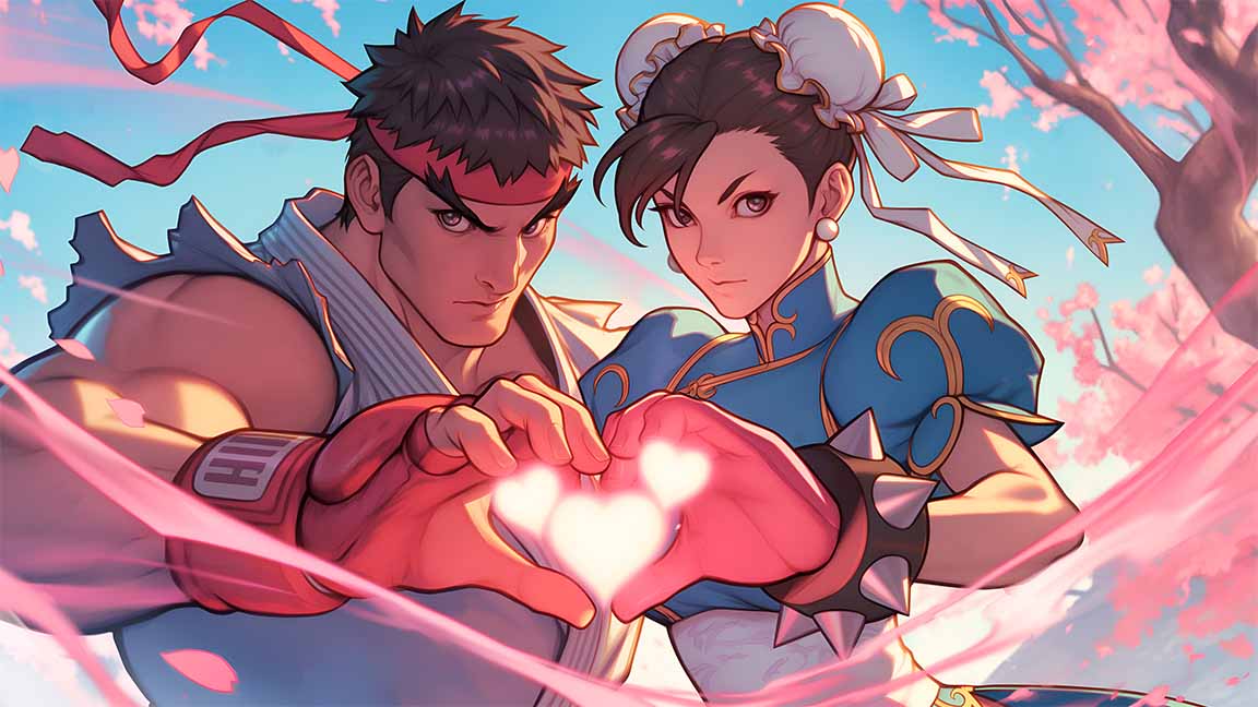 ryu and chun li love scene valentines desktop wallpaper cover
