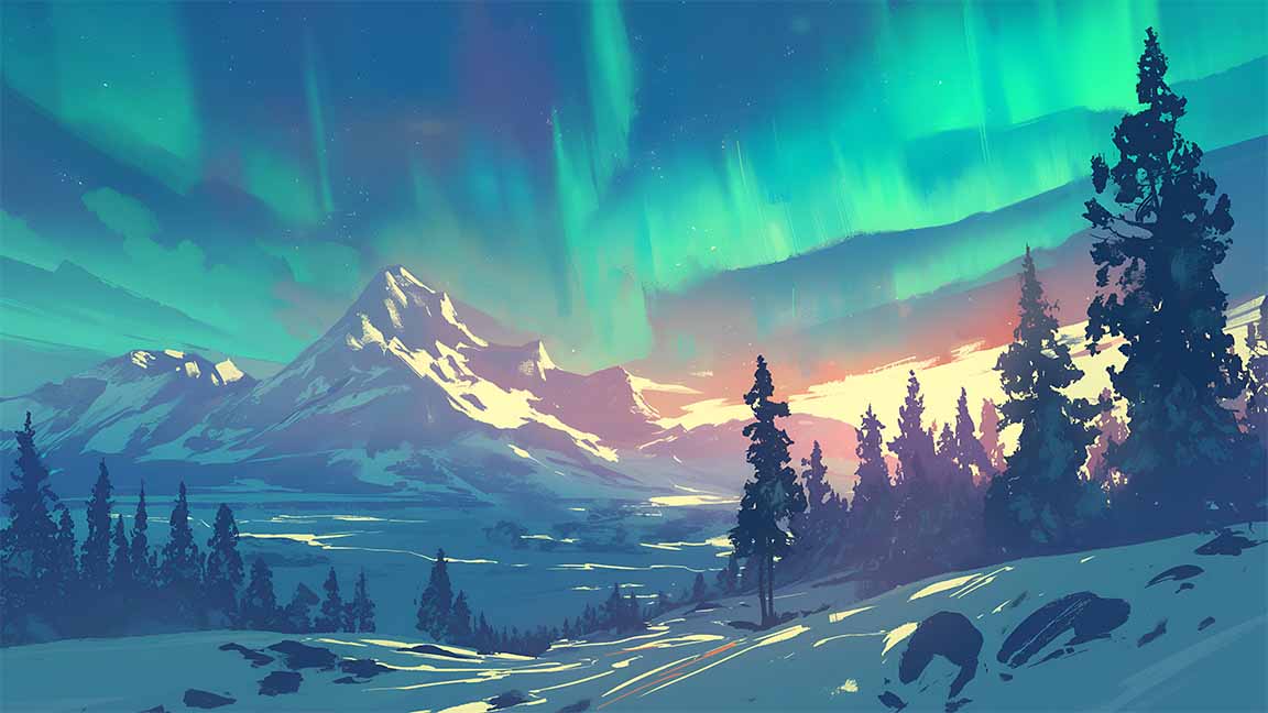 snowy twilight northern lights desktop wallpaper cover