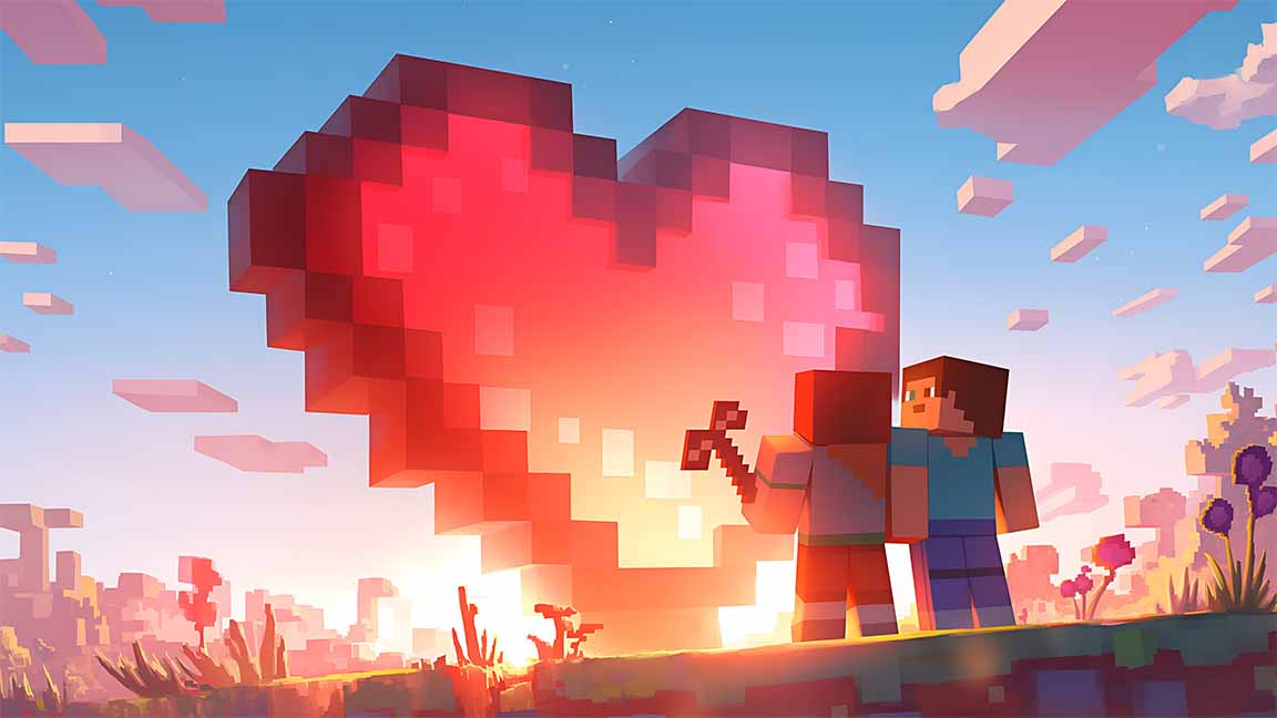 steve and alex minecraft pixel love valentines desktop wallpaper cover
