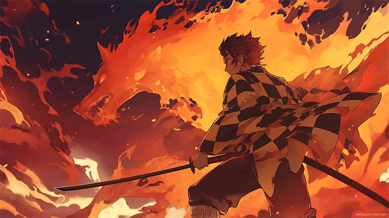 tanjiro fire wolf demon slayer desktop wallpaper cover