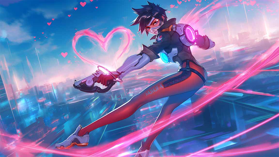 tracer overwatch pink heart valentines desktop wallpaper cover