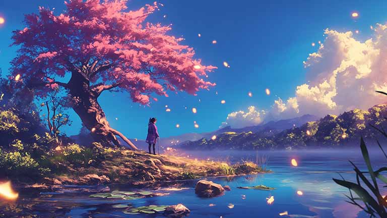 anime girl with cherry blossom lake desktop wallpaper cover