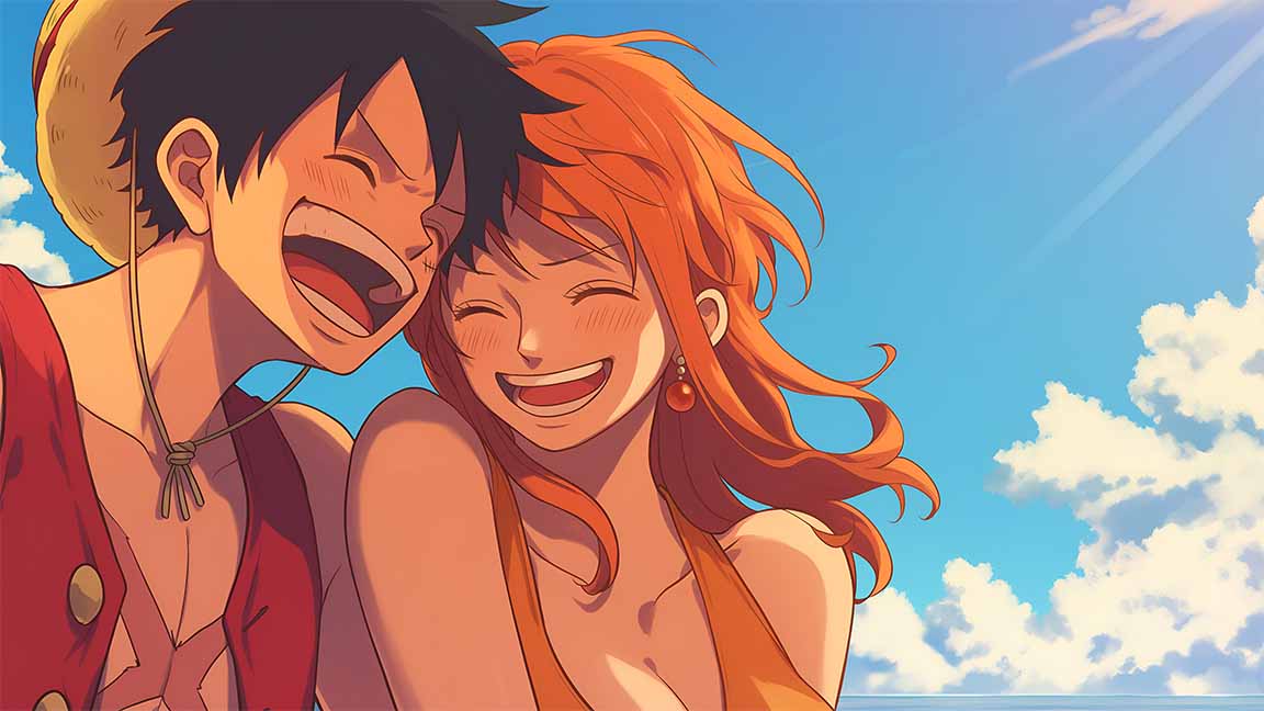aone piece luffy and nami laughing desktop wallpaper cover