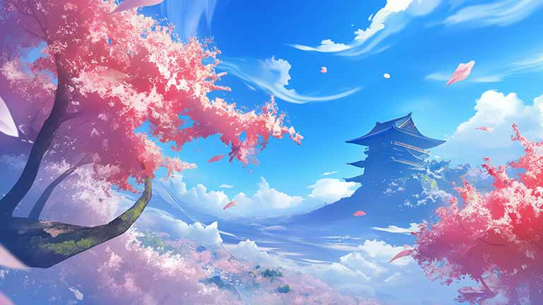 cherry blossom castle spring day desktop wallpaper cover