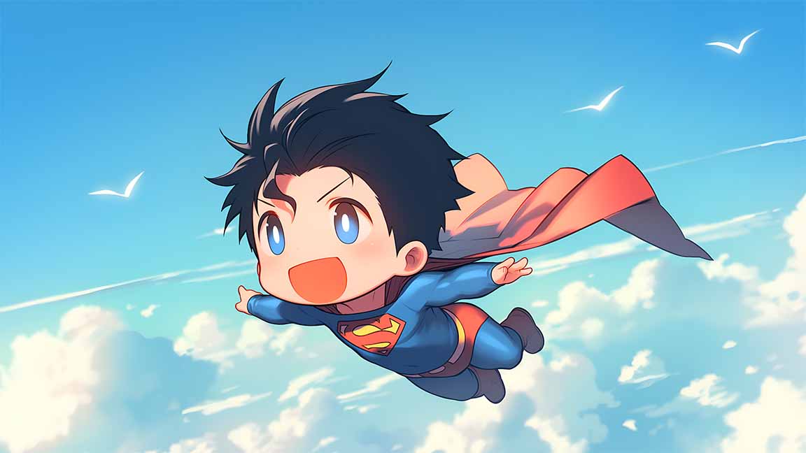 chibi superman flying among clouds desktop wallpaper cover