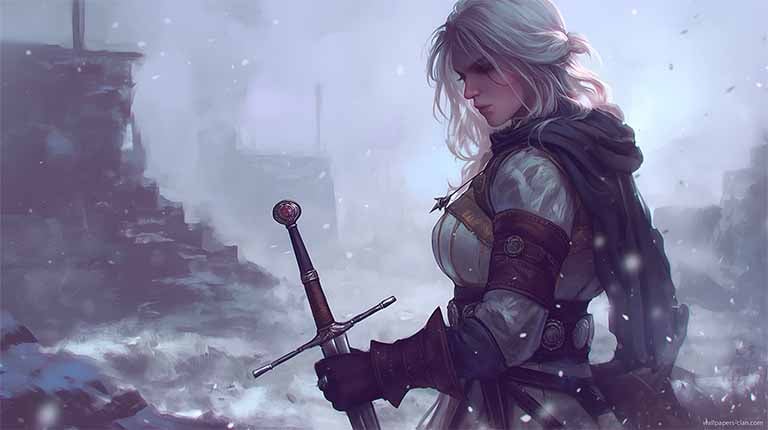 ciri witcher snowy ruins desktop wallpaper cover