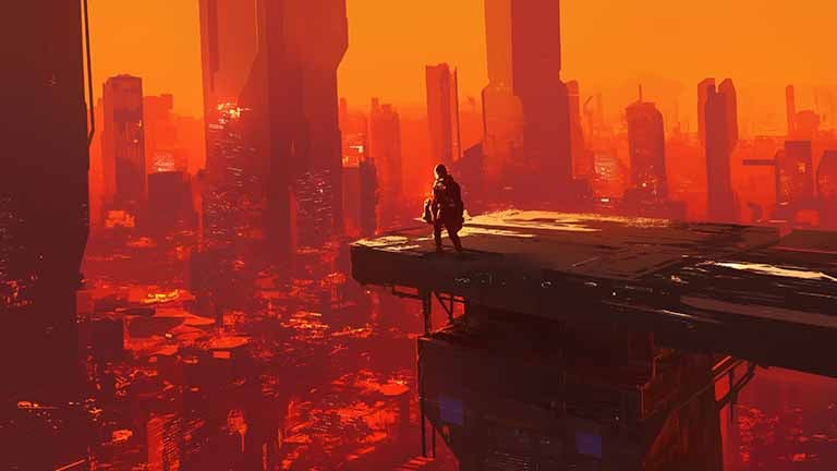 cyberpunk city orange sky desktop wallpaper cover