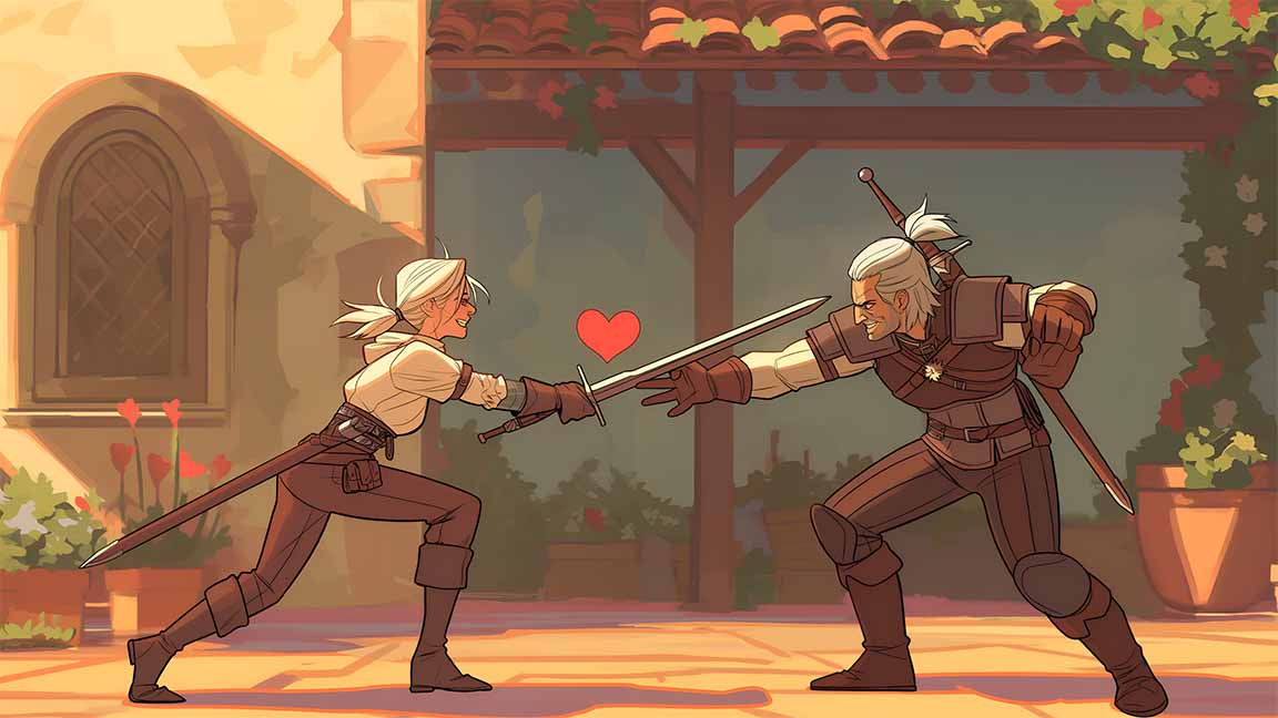 geralt ciri swordfight love valentines desktop wallpaper cover