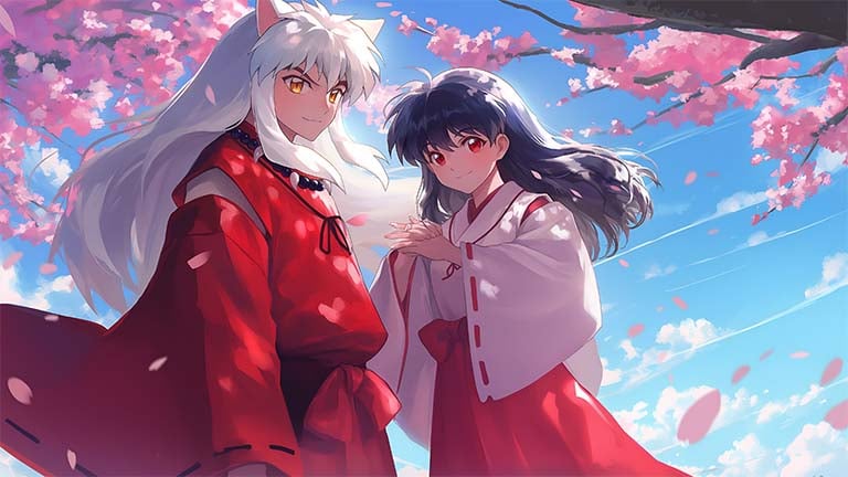 inuyasha kagome cherry blossoms desktop wallpaper cover