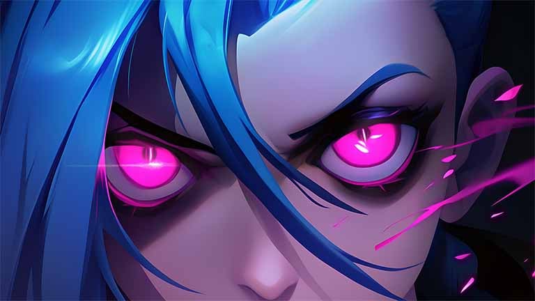 jinx closeup glowing pink eyes wallpaper cover