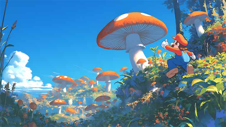 mario mushroom valley cartoon style desktop wallpaper cover