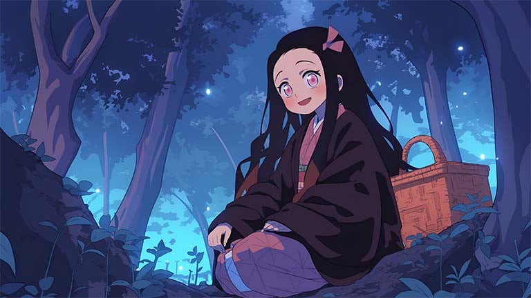 nezuko sitting forest night desktop wallpaper cover
