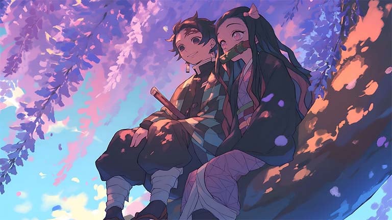 nezuko tanjiro tree sunset demon slayer desktop wallpaper cover