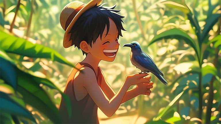 one piece monkey d luffy smiling with bird desktop wallpaper cover
