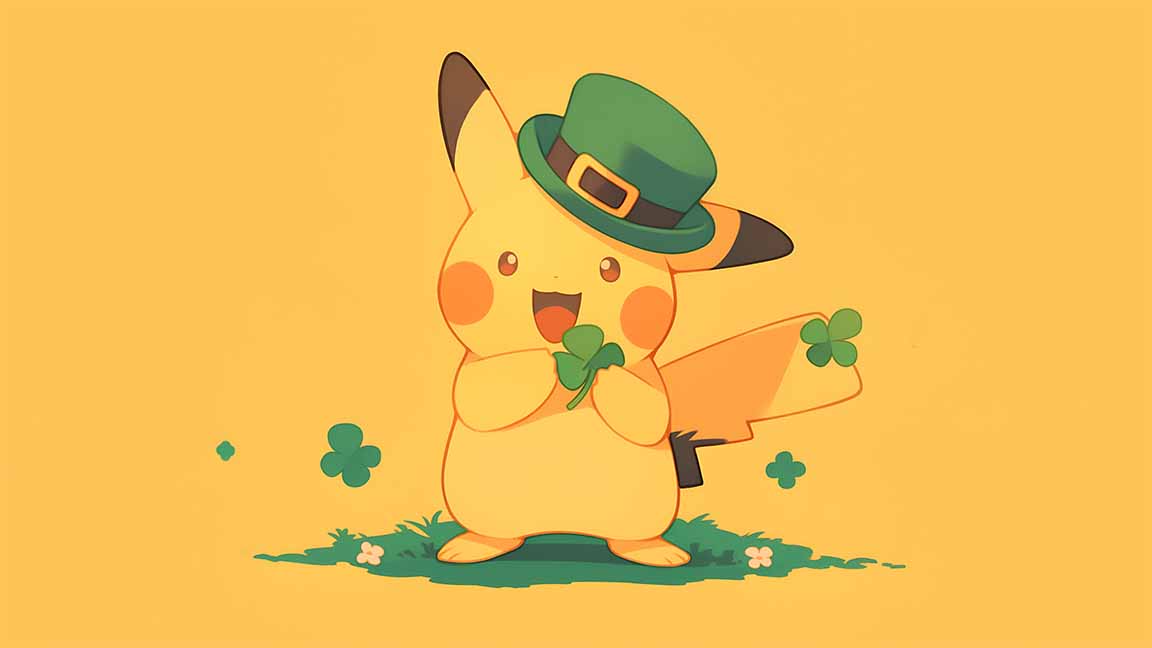 pikachu holding clover st patrick's day desktop wallpaper cover