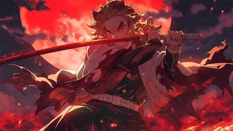 rengoku demon slayer red moon background desktop wallpaper cover