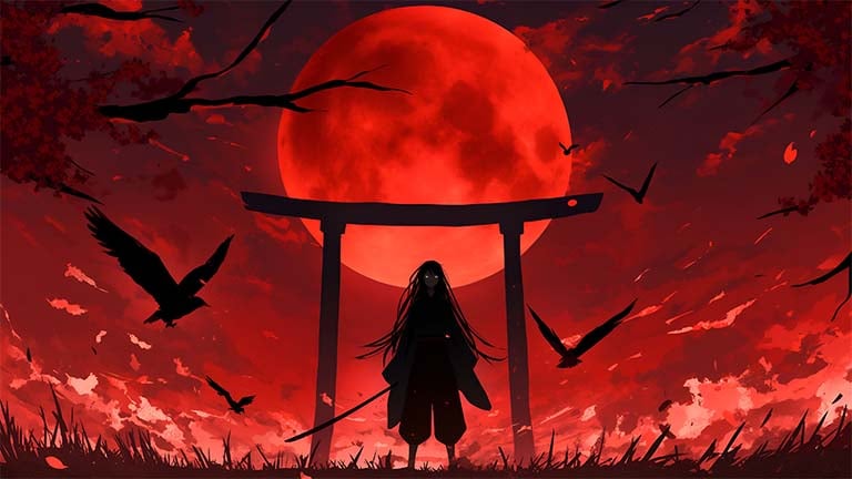 samurai red moon night desktop wallpaper cover