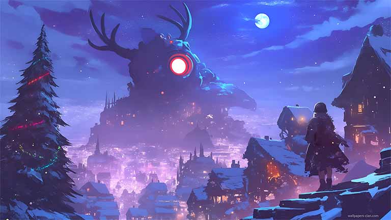 sci fi christmas town pc wallpaper cover
