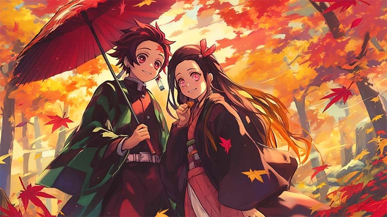 tanjiro and nezuko under umbrella fall desktop wallpaper cover