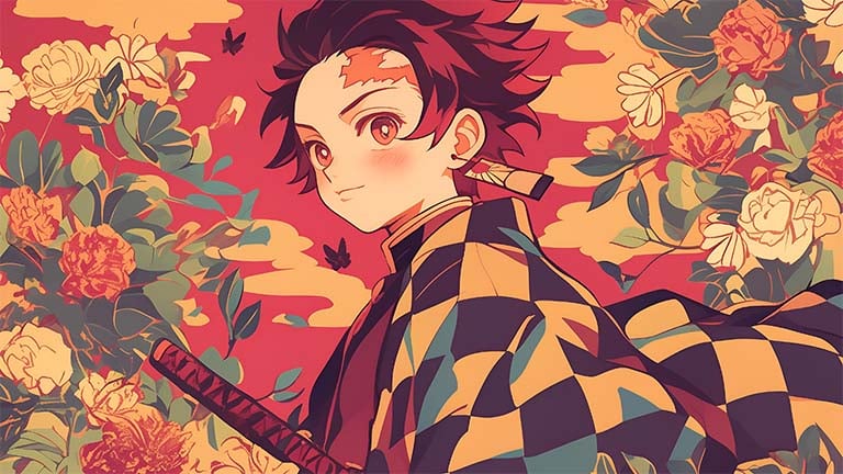 tanjiro floral pattern demon slayer desktop wallpaper cover