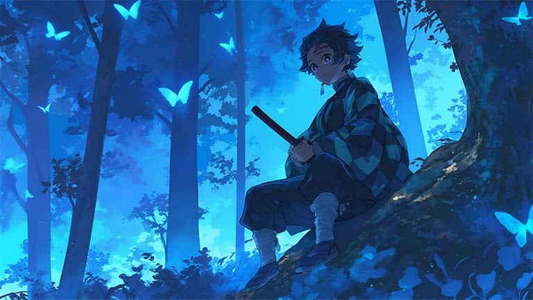 tanjiro kamado butterflies forest desktop wallpaper cover