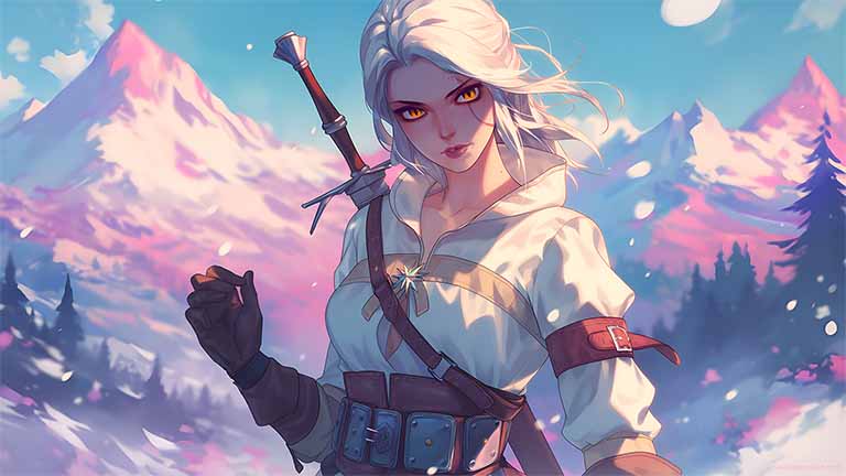witcher 4 ciri in mountain landscape wallpaper cover