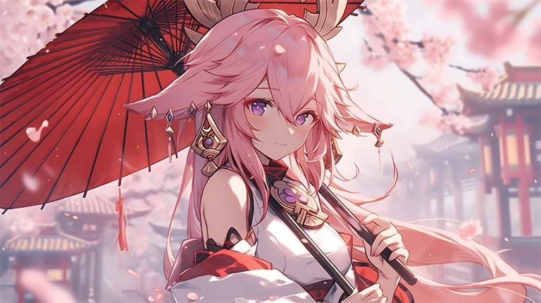 yae miko genshin impact umbrella desktop wallpaper cover