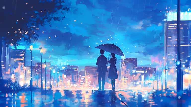 anime couple in the rain desktop wallpaper cover